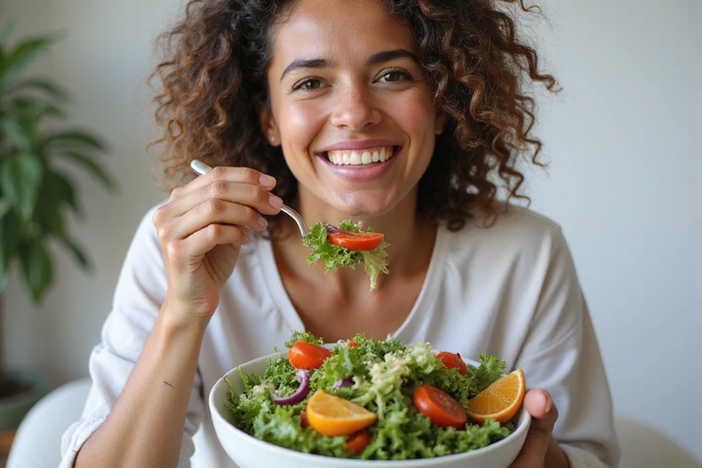 Mujer sonriendo mientras come un tazón de ensalada fresca con vegetales coloridos.