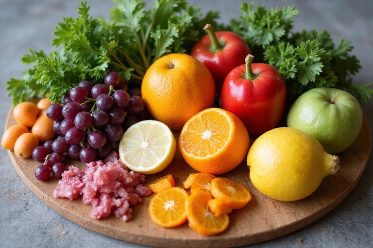 Variedad de frutas frescas y verduras dispuestas artísticamente sobre una tabla de cortar de madera.