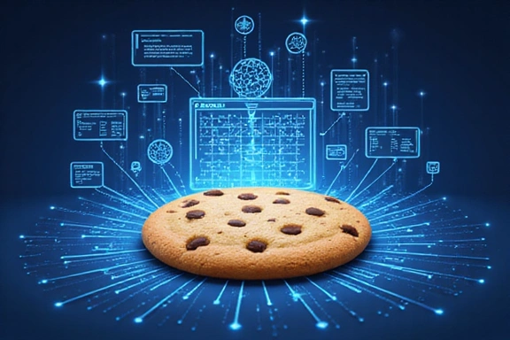 Ilustración de una galleta (cookie) digital con datos fluyendo hacia un navegador web.