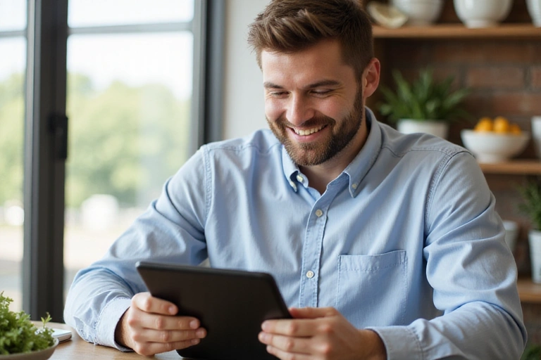 Hombre feliz preparándose para una consulta nutricional online con su tableta.
